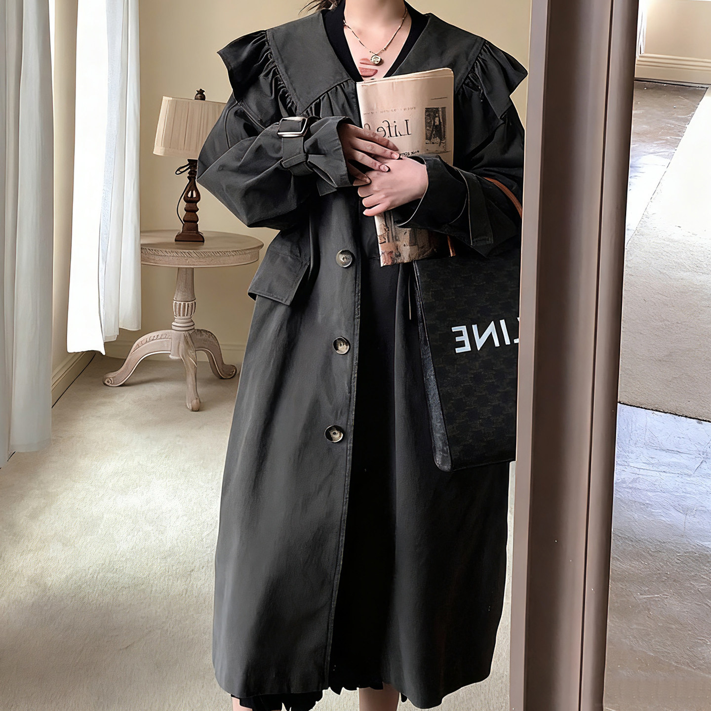 胖妹妹法式复古风深色系带中长款风衣加大码设计款宽松显瘦外套女,女装/女士精品,常规大码外套,淘宝优惠券,粉丝福利购,淘宝优惠卷