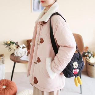 胖妹妹冬装 复古宽松显瘦牛角扣羊羔绒拼接保