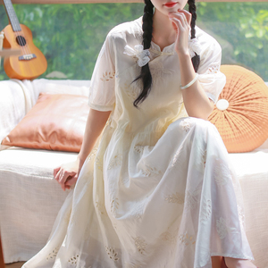 大码万针刺绣连衣裙胖妹妹减龄优雅长裙