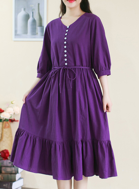 夏季新款复古气质小V领紫色油画连衣裙200斤女