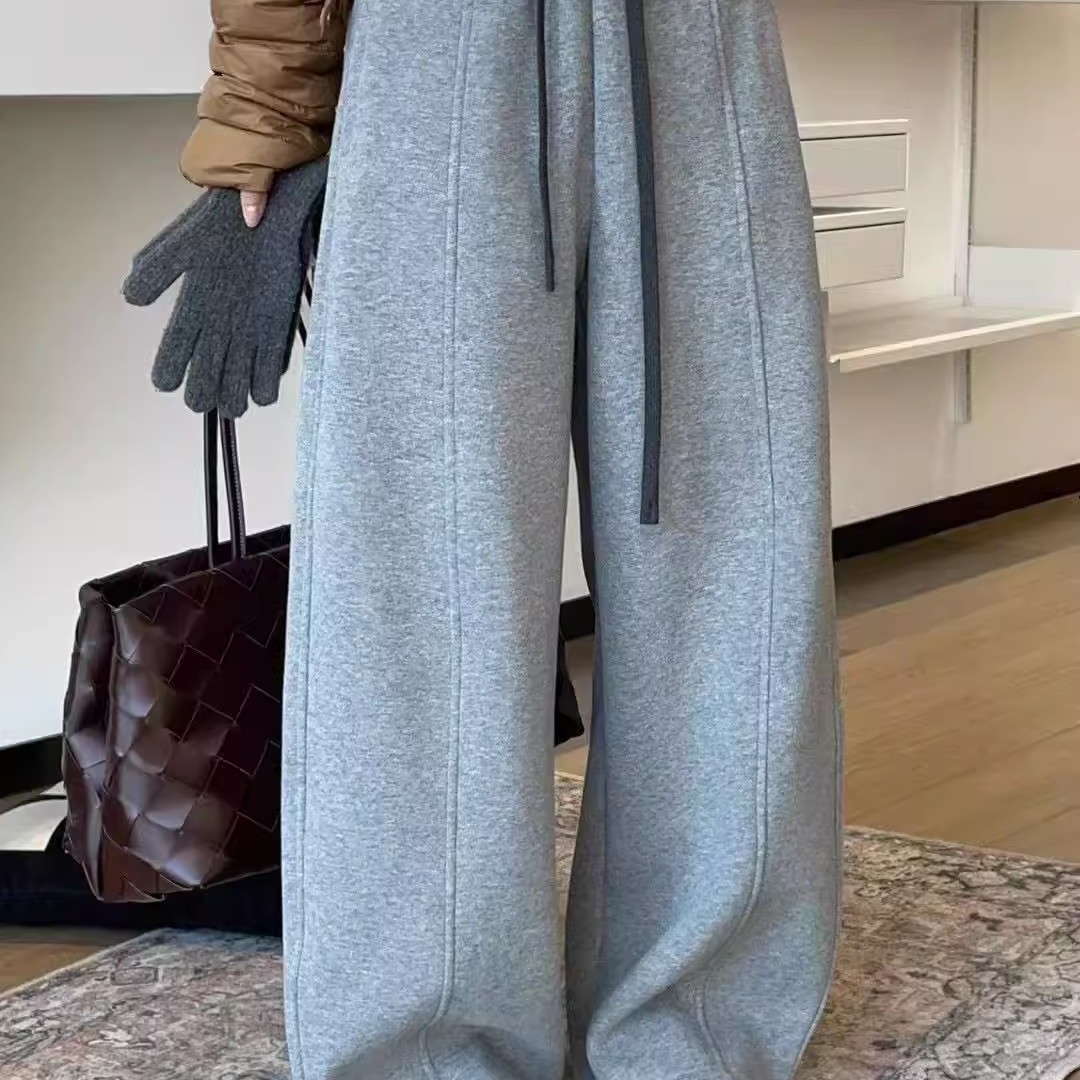 qianbeisi1003加绒加厚卫弯刀裤子女冬松紧高腰直筒阔腿裤长裤QBS