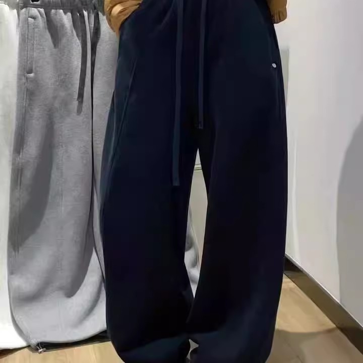 qianbeisi纤贝思加绒加厚卫裤女冬款裤脚抽绳直筒阔腿裤弯刀裤子