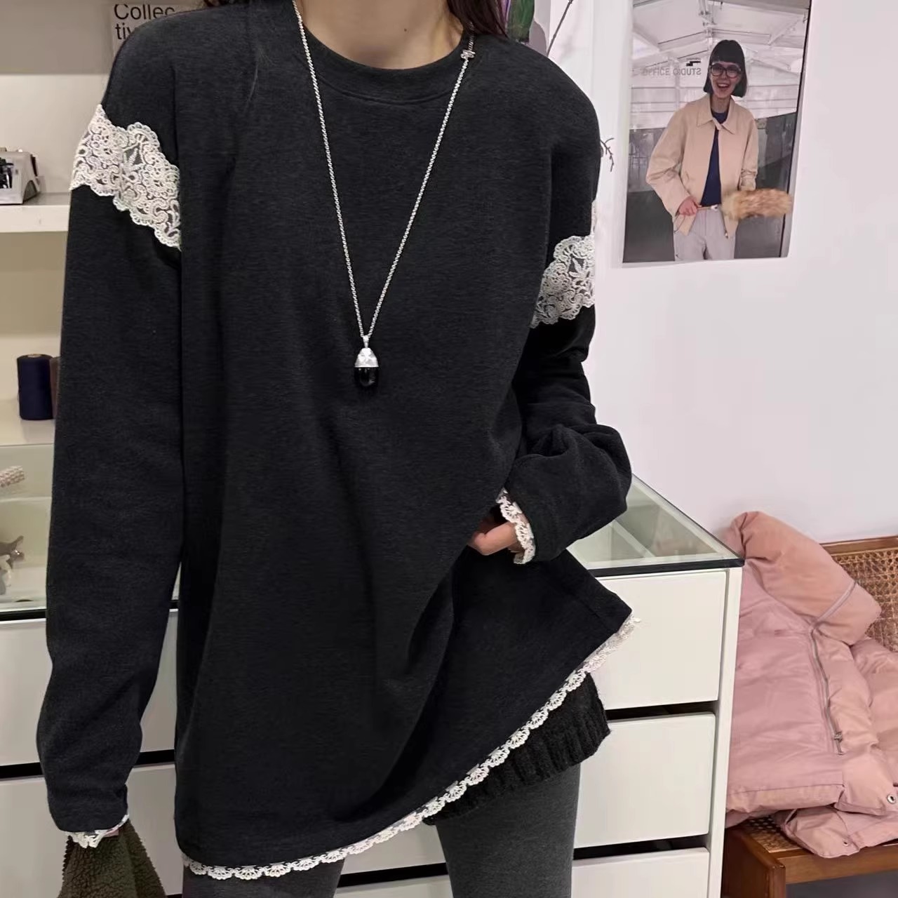 欧货one磨毛加绒中长款打底衫女冬款蕾丝拼接软糯舒适盖屁股上衣T