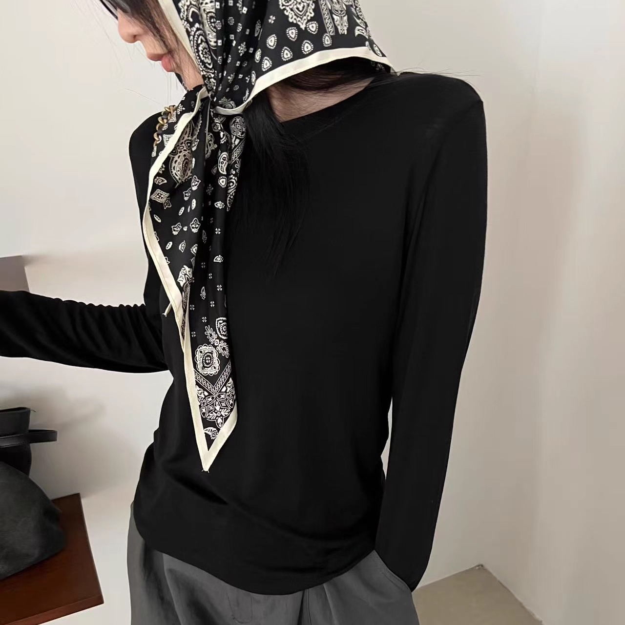 WT天丝羊毛打底衫女2025秋款韩版显瘦弹力圆领叠穿内搭长袖T恤潮