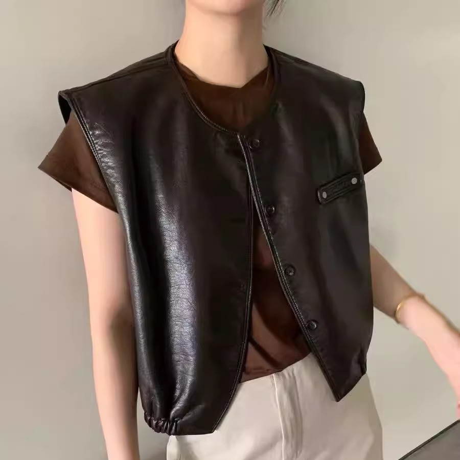 卡蔓诗kamanshi正品30515秋款PU皮背心马甲女韩系叠穿短外套皮衣
