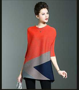 三宅均码褶皱连衣裙时尚大码女装拼色裙宽松韩版2018百褶