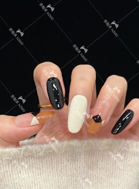 【Y84】菱格黑色美甲奶咖高级手工穿戴甲显白气质甲