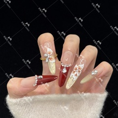 【L129】显白红色法式设计花朵高级时尚手工穿戴甲