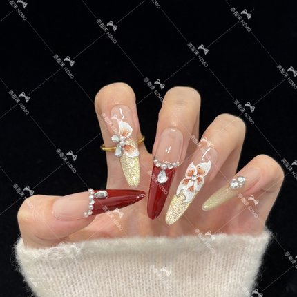 【L129】显白红色法式设计花朵高级时尚手工穿戴甲