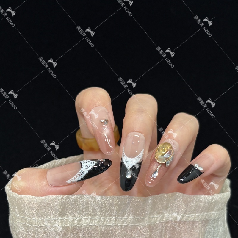 【L71】黑色法式设计镶钻拼搭手工穿戴甲