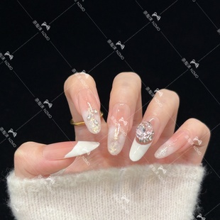 显白百搭手工穿戴甲镶钻设计爆闪猫眼 奶白法式 Y11