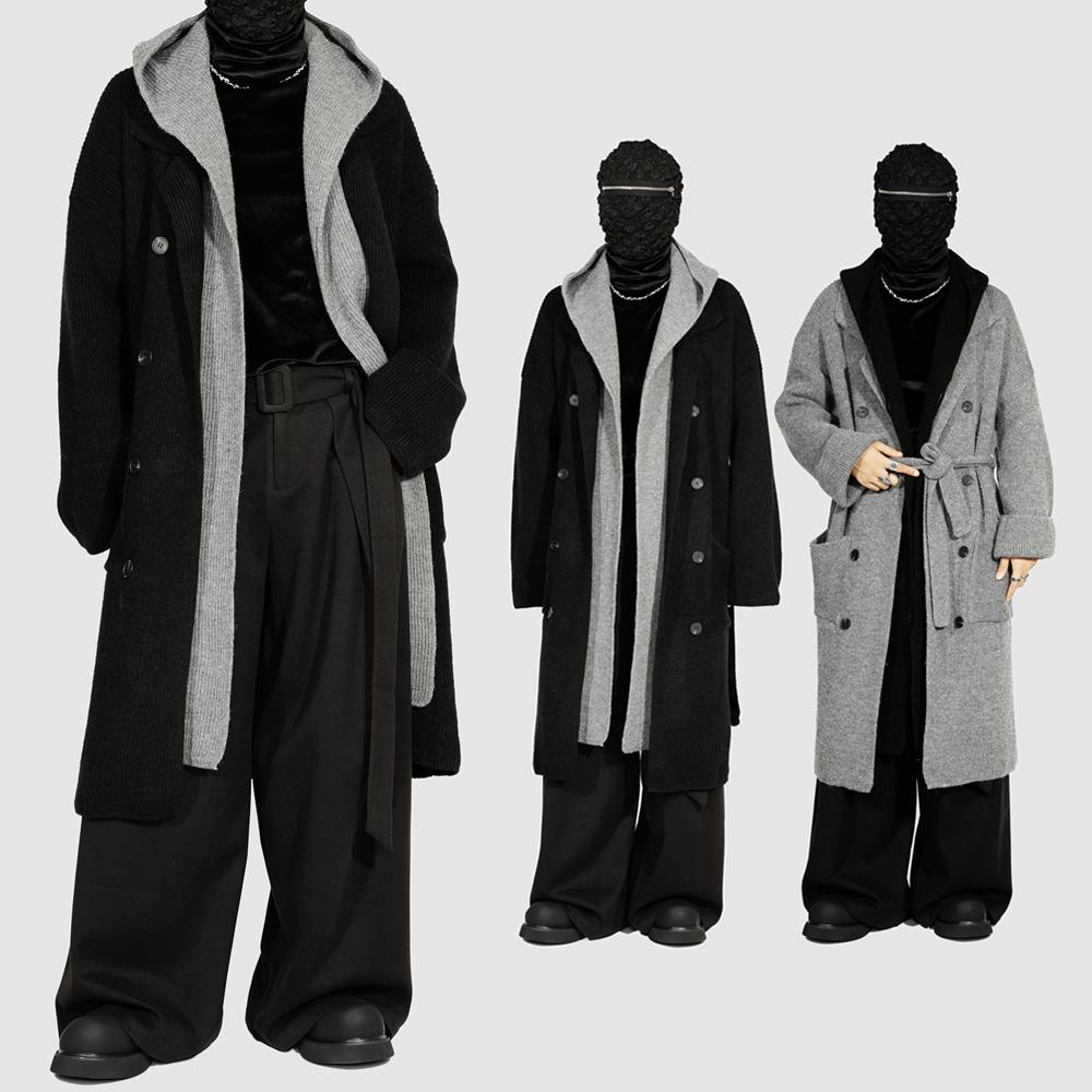 秋冬新款针织衫男大码外套慵懒风假两件撞色拼接情侣装中长款毛衣