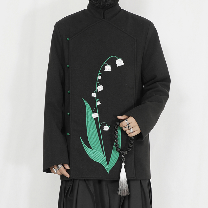 冬季新款毛呢大衣外套小众新中式呢西装刺绣宽松休闲立领西服外套