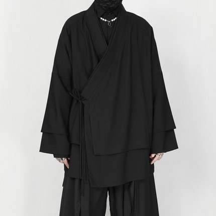 大码男装风衣国潮茶服道袍开衫2025新款小众双层领宽松中长款外套