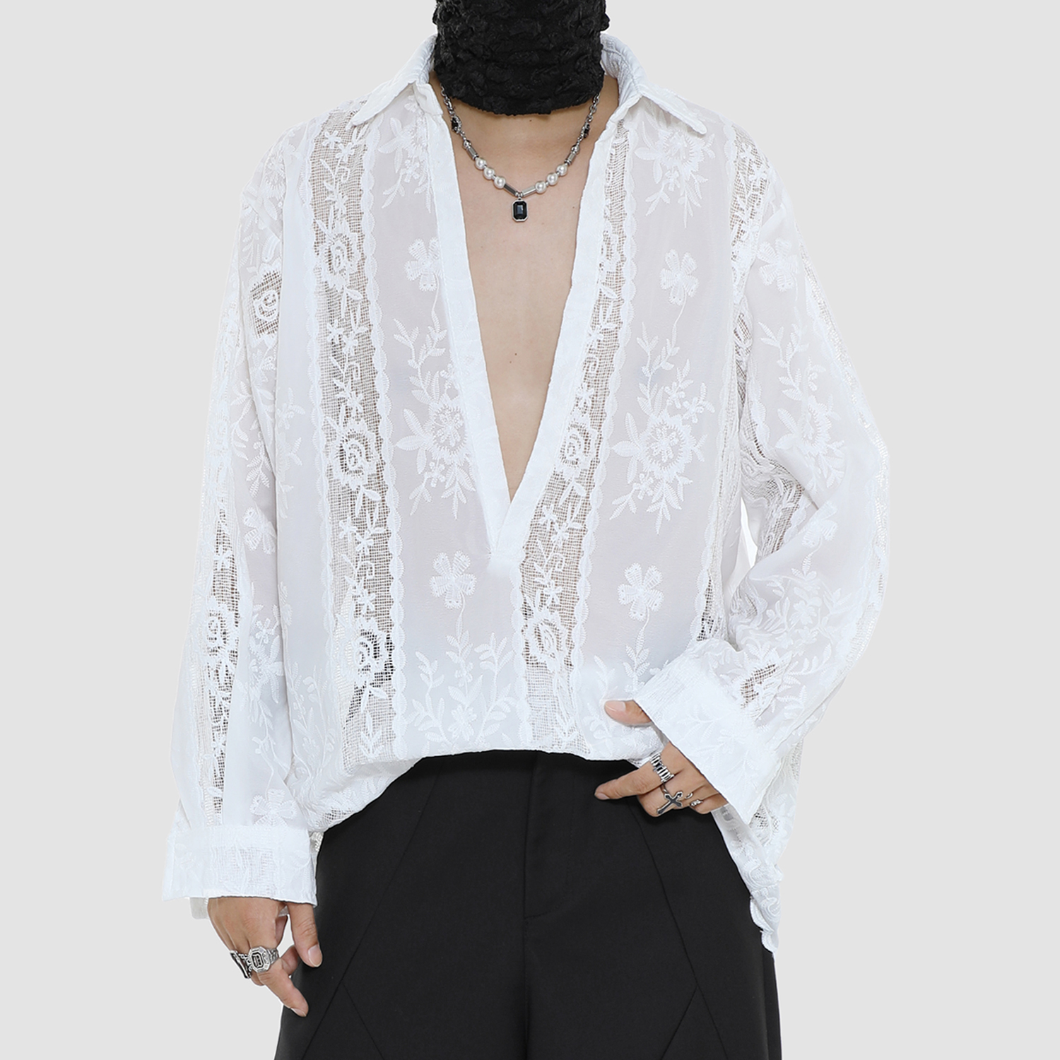 小众设计感透视镂空长袖衬衫男法式重工花卉刺绣V领套头白色上衣