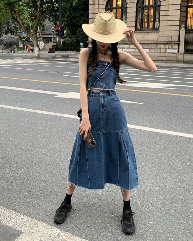 Real auction real price 2021 summer new denim suit two piece skirt