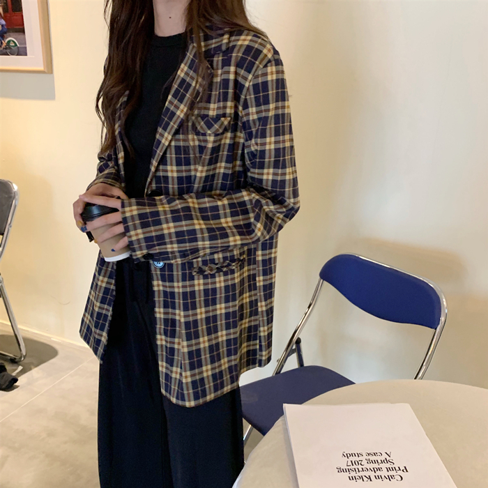 Real price! Yellow Plaid suit shows thin single breasted fake pocket coat