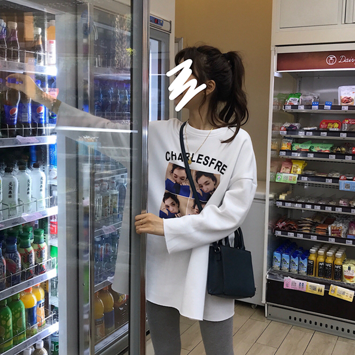 Real photo real price girl portrait printing loose medium length T-shirt women's bottoming shirt
