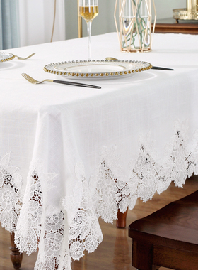 唯米9917简约百搭白色麻棉餐桌布台布美式家用长方形蕾丝茶几盖巾