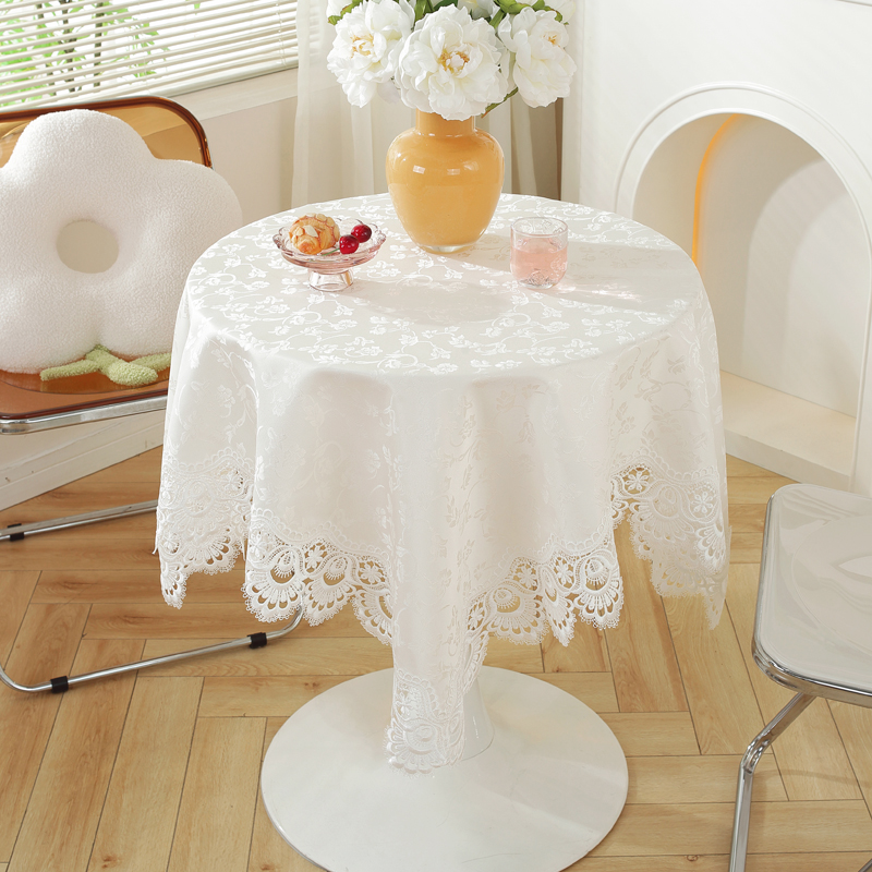 5152简约百搭白色蕾丝方形圆桌布提花镂空欧式布艺防尘小圆桌台布