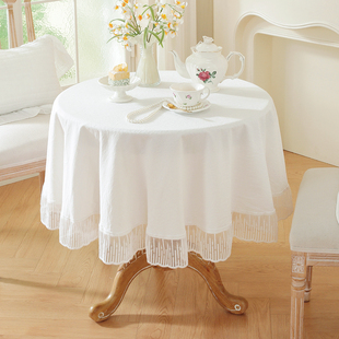 唯米5702法式浪漫蕾丝风白色圆桌布流苏边餐桌装饰高级感麻棉台布