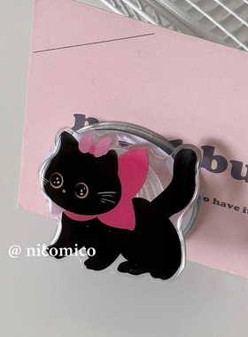 韩国ins可爱蝴蝶结小黑猫Magsafe磁吸手机气囊支架伸缩折叠粘贴式