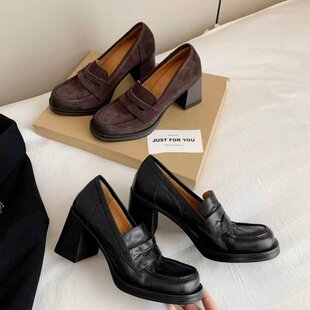 高级感浅口高跟乐福鞋 7cm粗跟时尚 新款 女2026年春季 百搭复古单鞋
