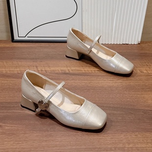 仙女风粗跟玛丽珍鞋 女2025秋季 新款 方头百搭配裙子中跟一字带单鞋