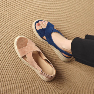 磨砂皮草编渔夫鞋 软皮交叉带罗马凉鞋 女休闲增高厚底松糕鞋