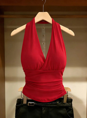 带胸垫~杭州四季青大牌女装纯欲V领挂脖背心女夏红色性感辣妹上衣