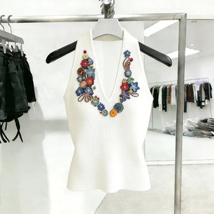 复古花朵印花挂脖式背心女春季新款纯欲性感迷人气质显瘦上衣ins