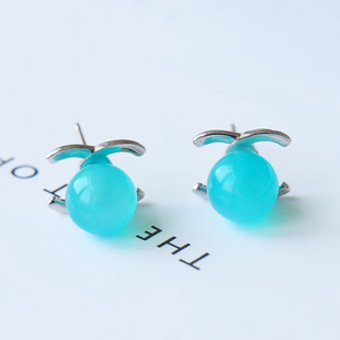 925银镶嵌冰种果冻体天河石耳钉 百搭女士天然水晶耳钉蓝色天河石