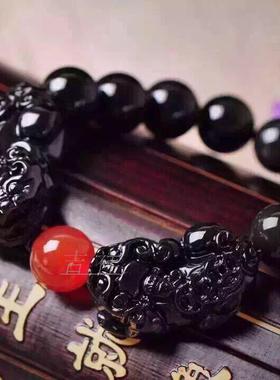 天然红玛瑙黑曜石貔貅手链