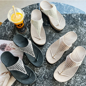 跨境坡跟凉拖鞋 潮人 厚底沙滩凉拖鞋 女时尚 外穿夹脚人字拖亮钻夏季