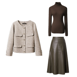 颜域羊毛小香风套装女2025新款冬季毛呢外套毛衣皮半身裙三件套服