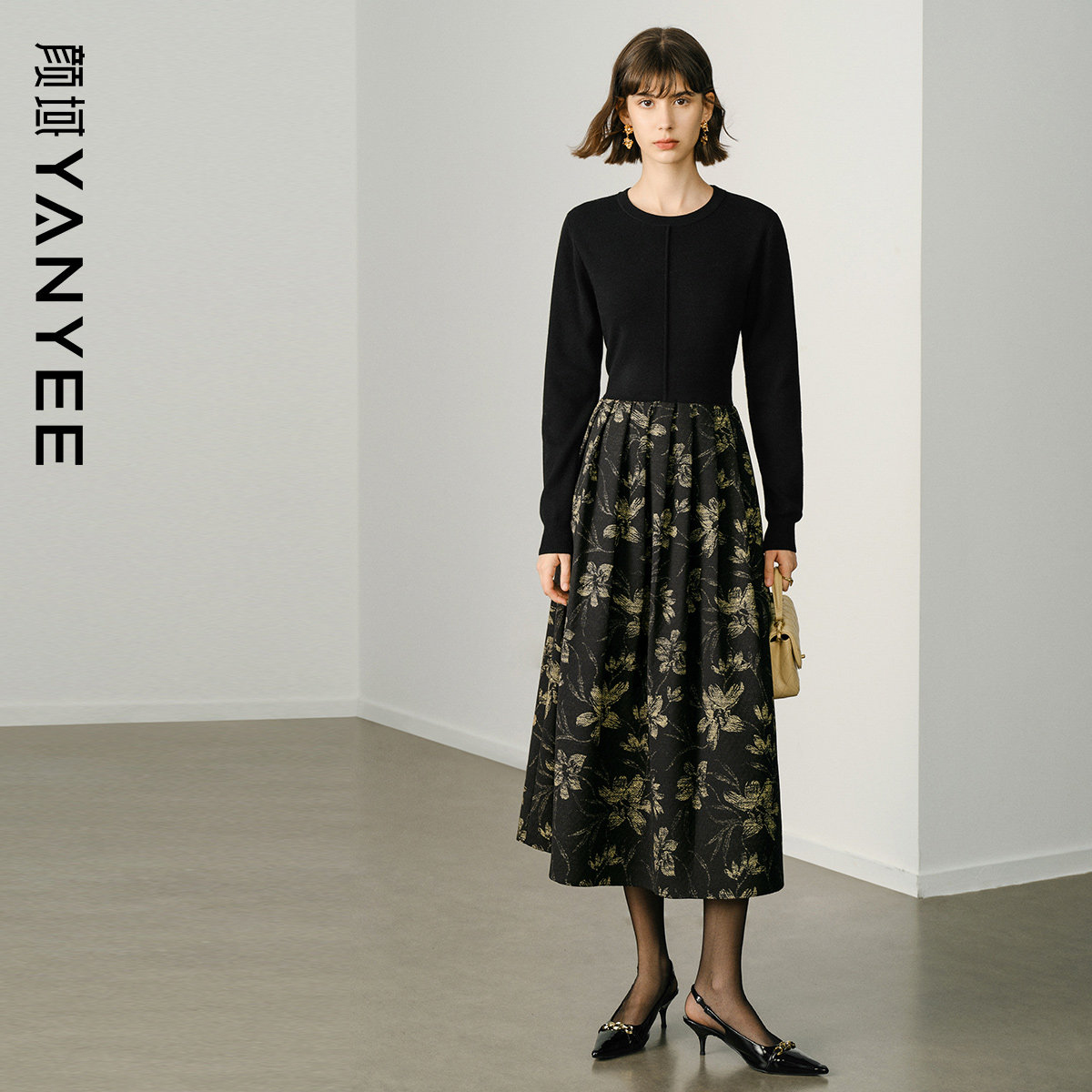 颜域针织拼接连衣裙女款2025年新款冬季长袖圆领假两件印花裙子女,女装/女士精品,连衣裙,淘宝优惠券,粉丝福利购,淘宝优惠卷