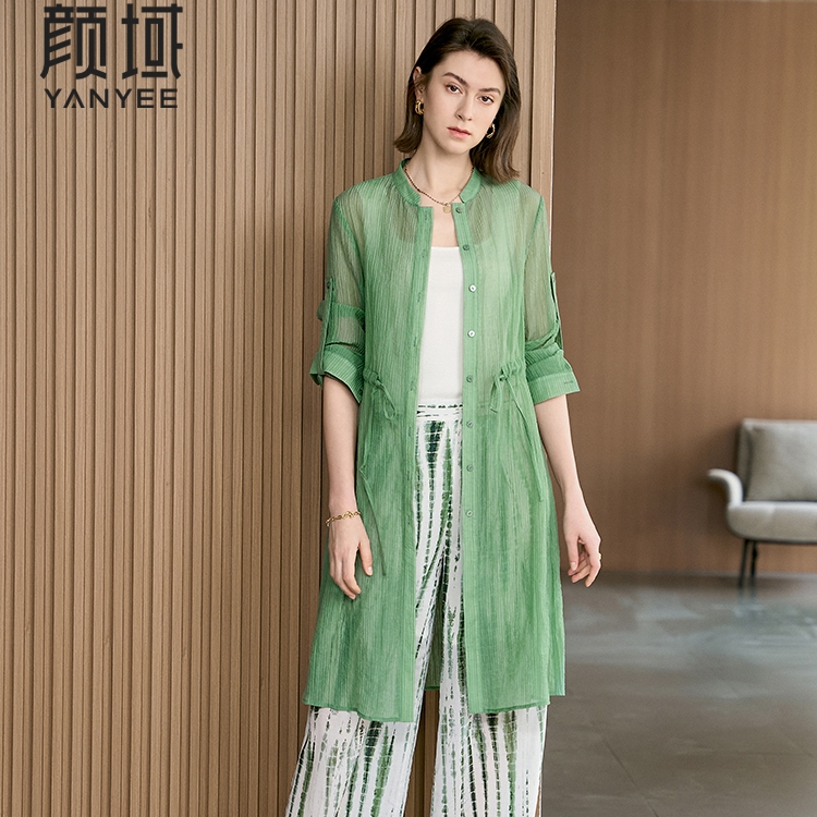 颜域绿色女士衬衫2025夏季新款小衫天丝上衣圆领开衫外套长袖衬衣