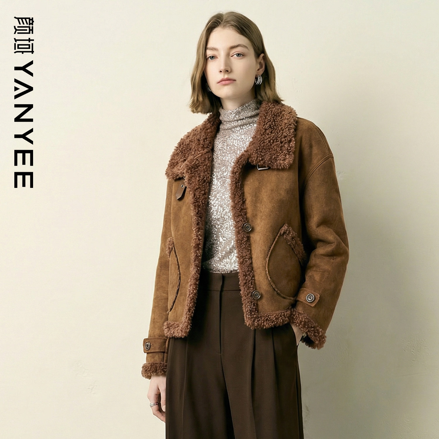 颜域咖色皮毛一体短款羊剪绒外套女2025冬装新款高级感复古皮衣女,女装/女士精品,短外套,淘宝优惠券,粉丝福利购,淘宝优惠卷