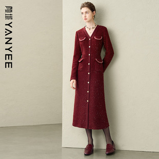 节日气质羊毛长裙 亮片修身 颜域红色V领毛呢连衣裙女2025冬季 新款