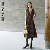 中长款 颜域咖色格子V领连衣裙女2025新款 冬季 背心裙收腰显瘦裙子