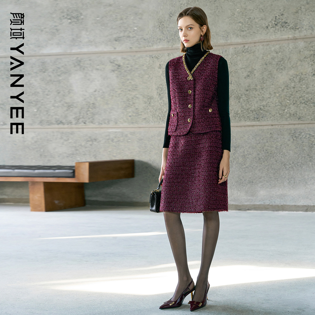 颜域红色小香风马甲半身裙套装