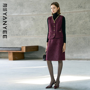 毛呢马甲外套半身裙套装 颜域红色小香风搭配一整套女2025新款 冬季