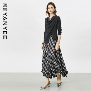 颜域针织毛衣格子半身裙两件套女2026春新款独特气质穿搭时尚套装