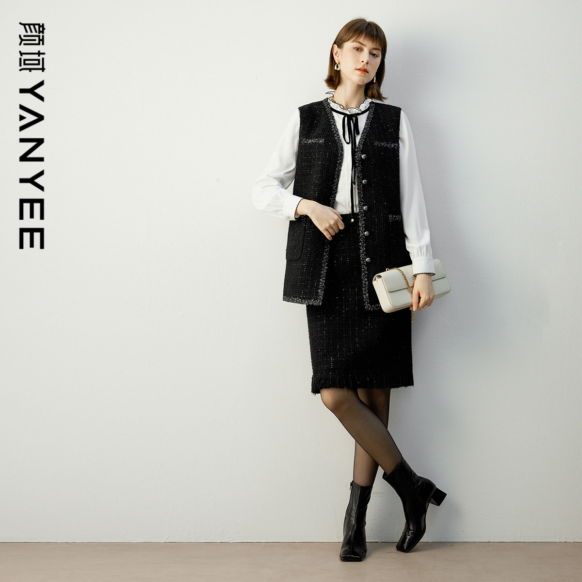 颜域毛呢外套白色衬衫半身裙小香风套装2025新款冬装搭配一整套女,女装/女士精品,时尚套装,淘宝优惠券,粉丝福利购,淘宝优惠卷