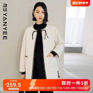 颜域黑色宽松棉衣棉服女2023新款冬季时尚复古中长款圆领棉袄外套