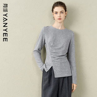 女2025冬季 上衣内搭打底衫 新款 显瘦长袖 修身 颜域不对称收腰针织衫