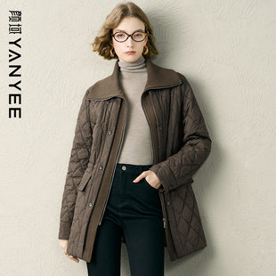 颜域咖色螺纹翻领修身棉衣女2025新款冬季高级感气质保暖棉服外套