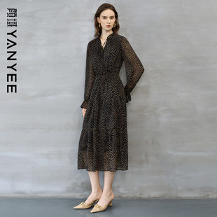 收腰显瘦通勤轻熟长裙 喇叭袖 颜域黑色波点连衣裙女装 2026早春新款