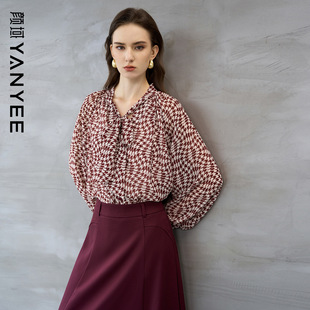 通勤显瘦打底印花雪纺上衣 泡泡袖 颜域红色格纹衬衫 女2026初春新款