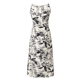 颜域收腰气质连衣裙2026新款女夏季优雅印花裙子中长款圆领吊带裙